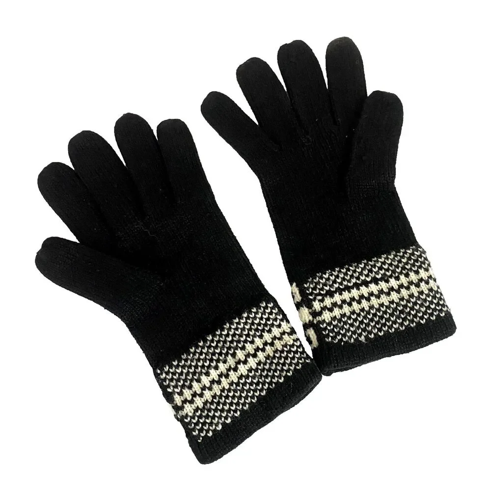 Isotoner Vintage Acrylic Knit Gloves One Size Black Geometric White Design